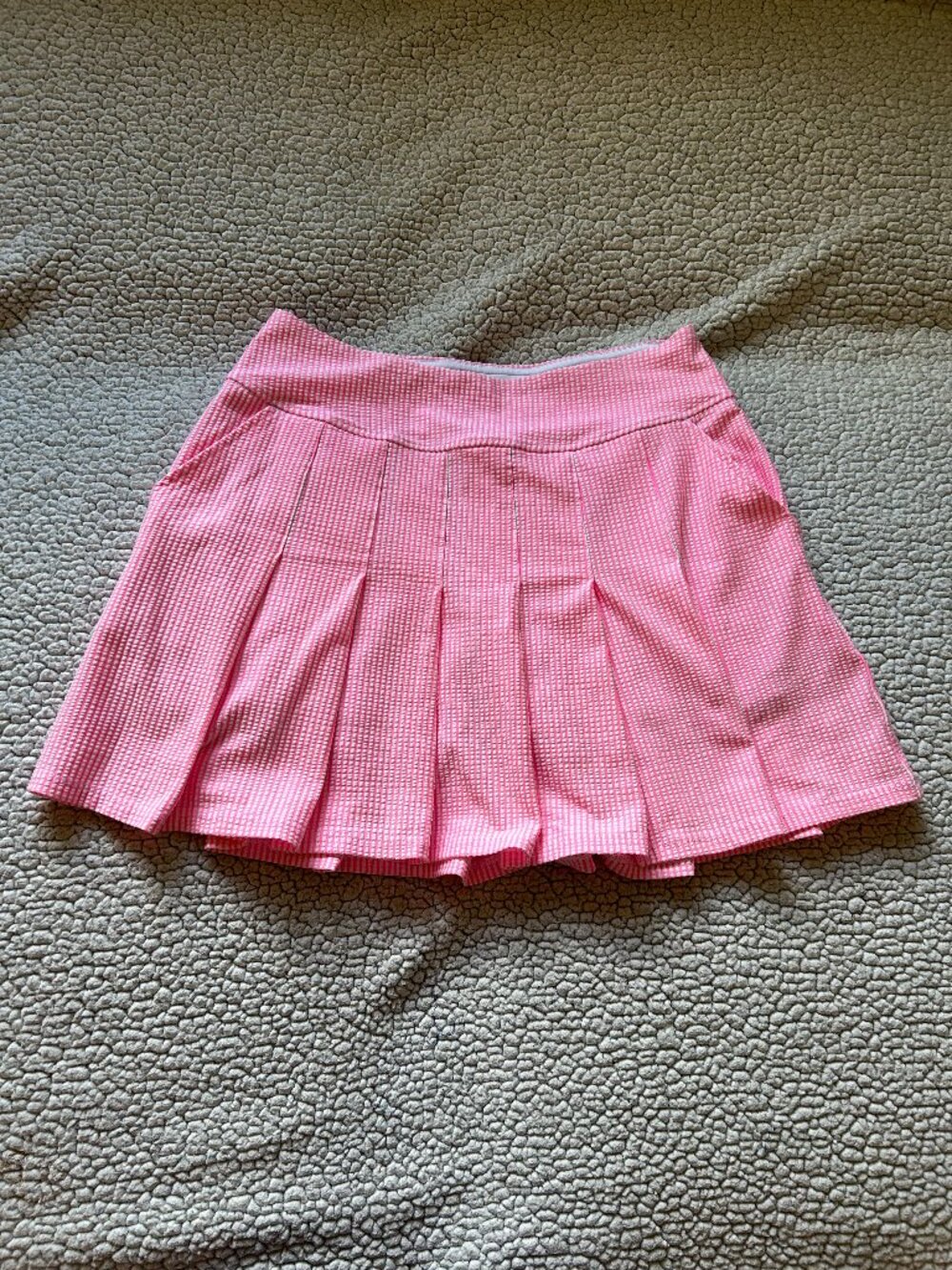 Lilly Pultzer -- Luxletic pink/ white striped mini skirt, shorts underneath